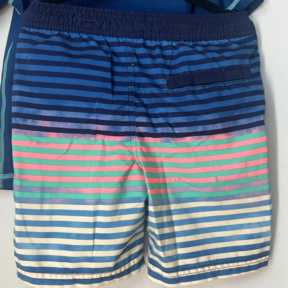 Cat &‎ Jack Blue Pink Cream Striped Swim Shorts Set Navy Short Sleeve Rashguards